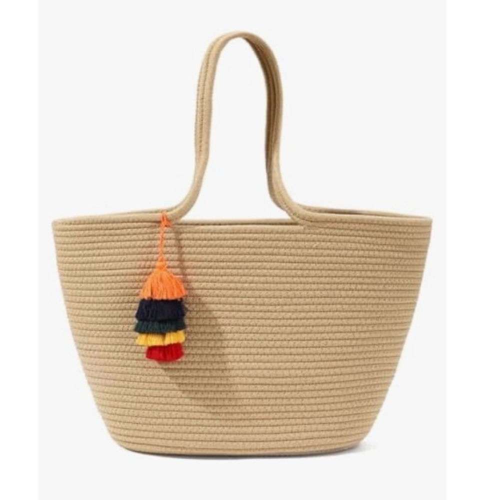 Boho Beige Cotton Rope Tote Bag with Colorful Tassel Beach Grocery Shoulder Bag